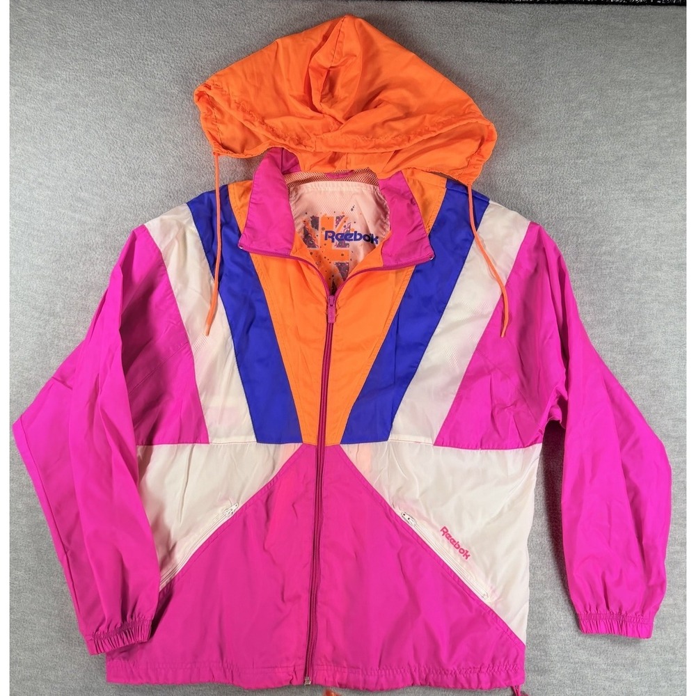 Vintage Reebok L Geometric Windbreaker Jacket Women 90s Full Zip Pink Nylon Y2K